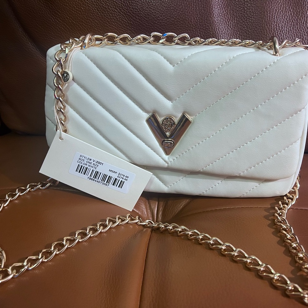 Valentino Orlandi Quilt Convertible Flap Crossbody Vegan Leather White NWT